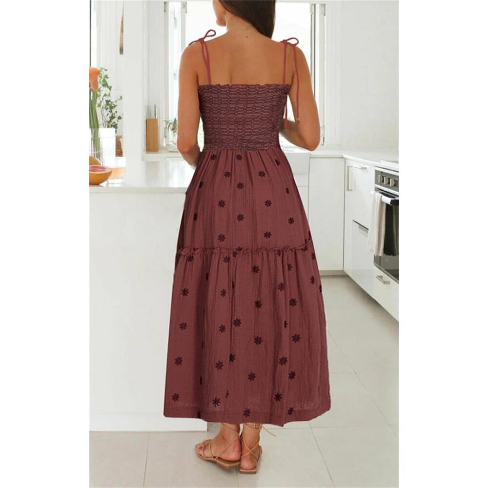Women Floral Embroidered Maxi Dress Boho Sleeveless Tie Strap Summer Sundress - Picture 4 of 4